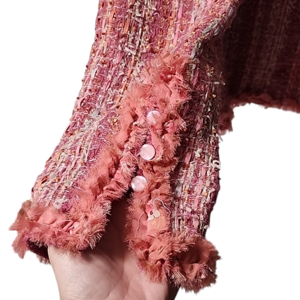 CHADWICKS VINTAGE Pink Boucle Tweed Crop Jacket 10 M Blazer Ribbon Fringe Shaggy - Picture 7 of 14